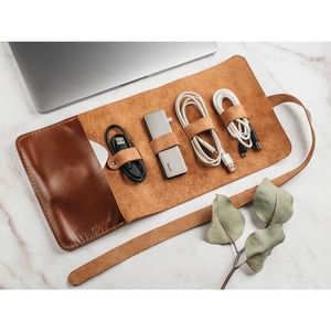 Brown 100% Leather Cable Organizer with Pocket Cord Wrap Wire Holder Travel case